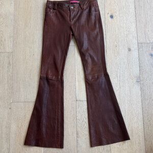 Alice+Olivia Chocolate 100% Leather Low Rise Flare leg pants in Jean style cut